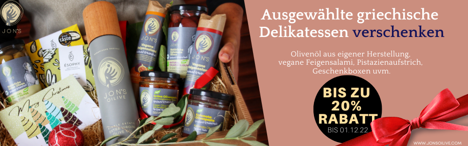 Ausgewählte griechische Delikatessen verschenken Unser selbst hergestellten Olivenöl, vegane Feigensalami, Geschenkboxen uvm. (1)